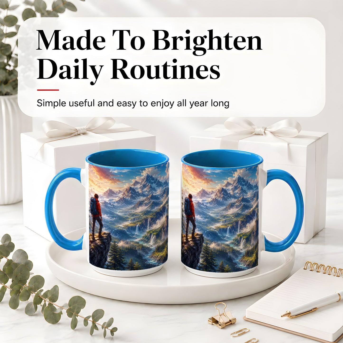 #pl[15oz|Blue] Mountain Hiker Ceramic Mug, Alpine Peaks Waterfall Adventure
