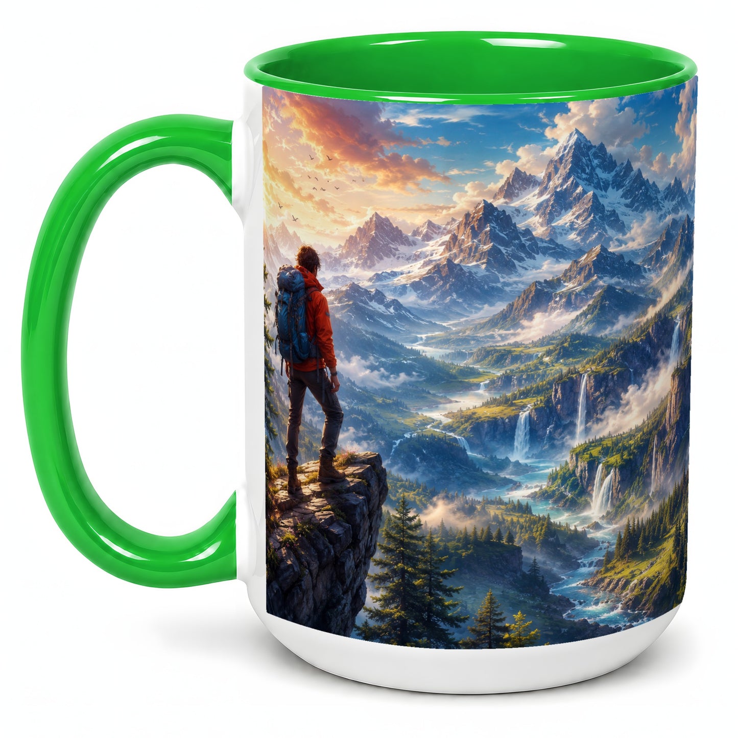 #pl[15oz|Green] Mountain Hiker Ceramic Mug, Alpine Peaks Waterfall Adventure