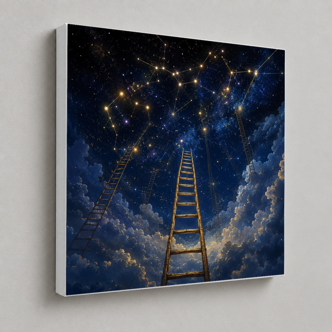 #pl[17x17 Inch|Multicolor] Ladder to the Stars Square Canvas Wall Art, Celestial Dream Scene