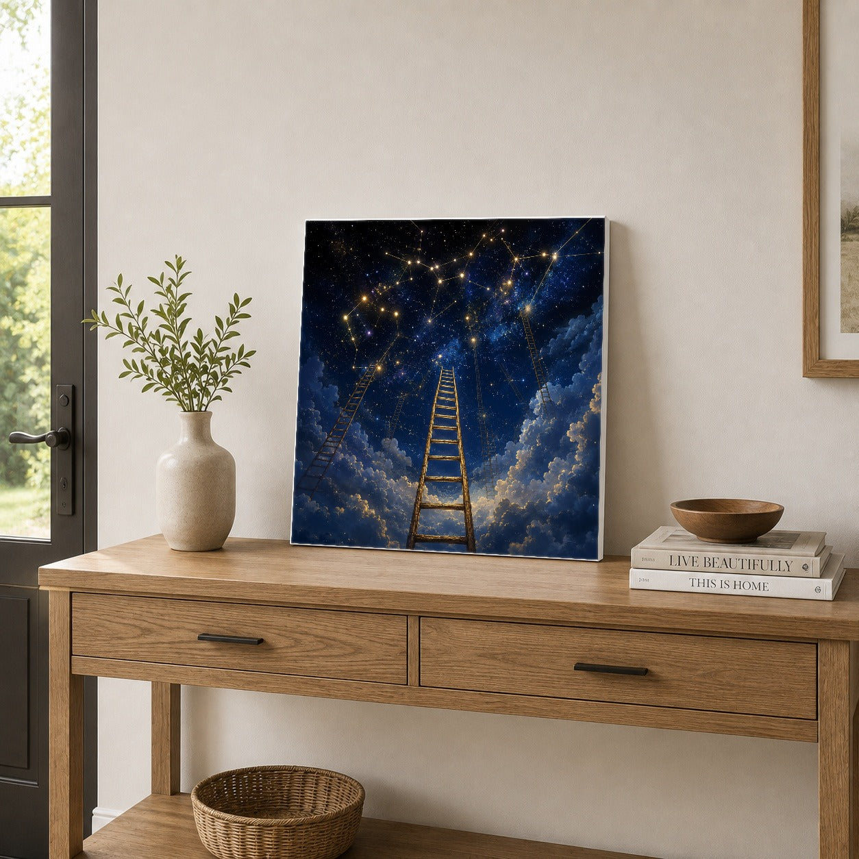 #pl[17x17 Inch|Multicolor] Ladder to the Stars Square Canvas Wall Art, Celestial Dream Scene