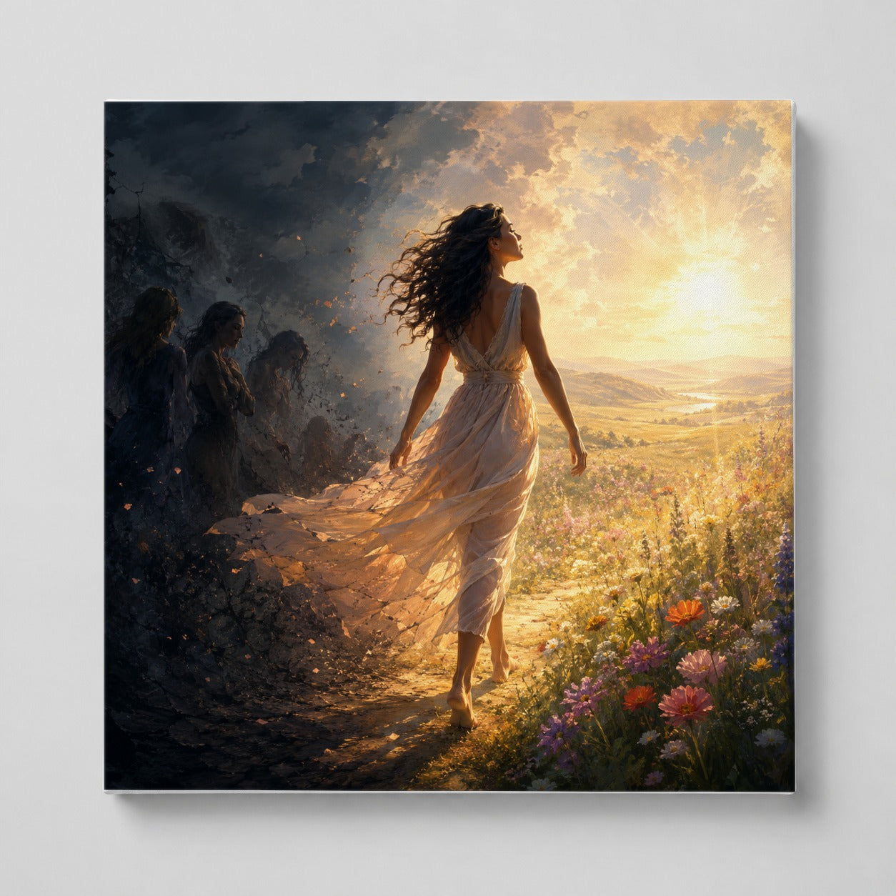 Into the Light Square Canvas Wall Art, Hopeful Sunrise Journey