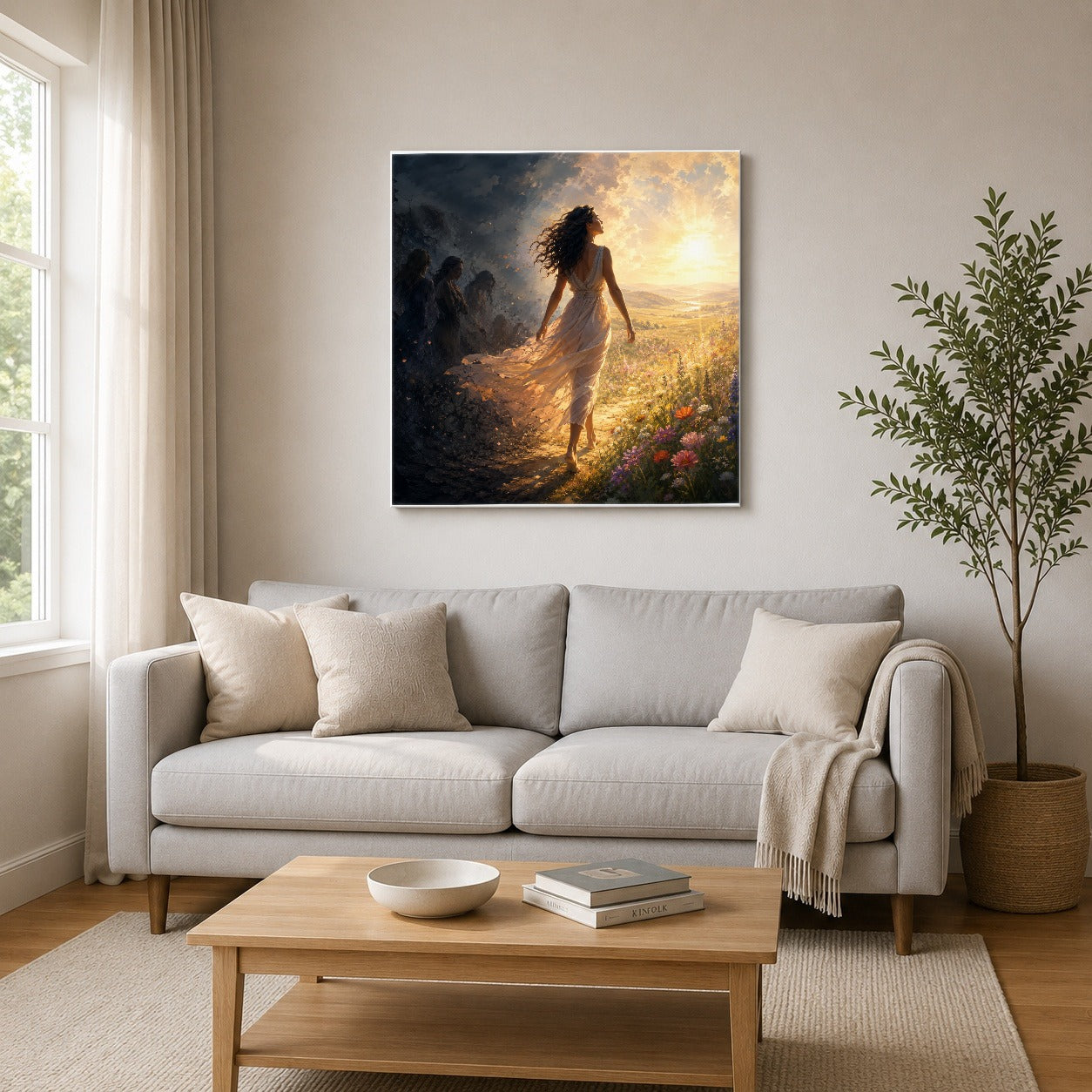 #pl[17x17 Inch|Multicolor] Into the Light Square Canvas Wall Art, Hopeful Sunrise Journey