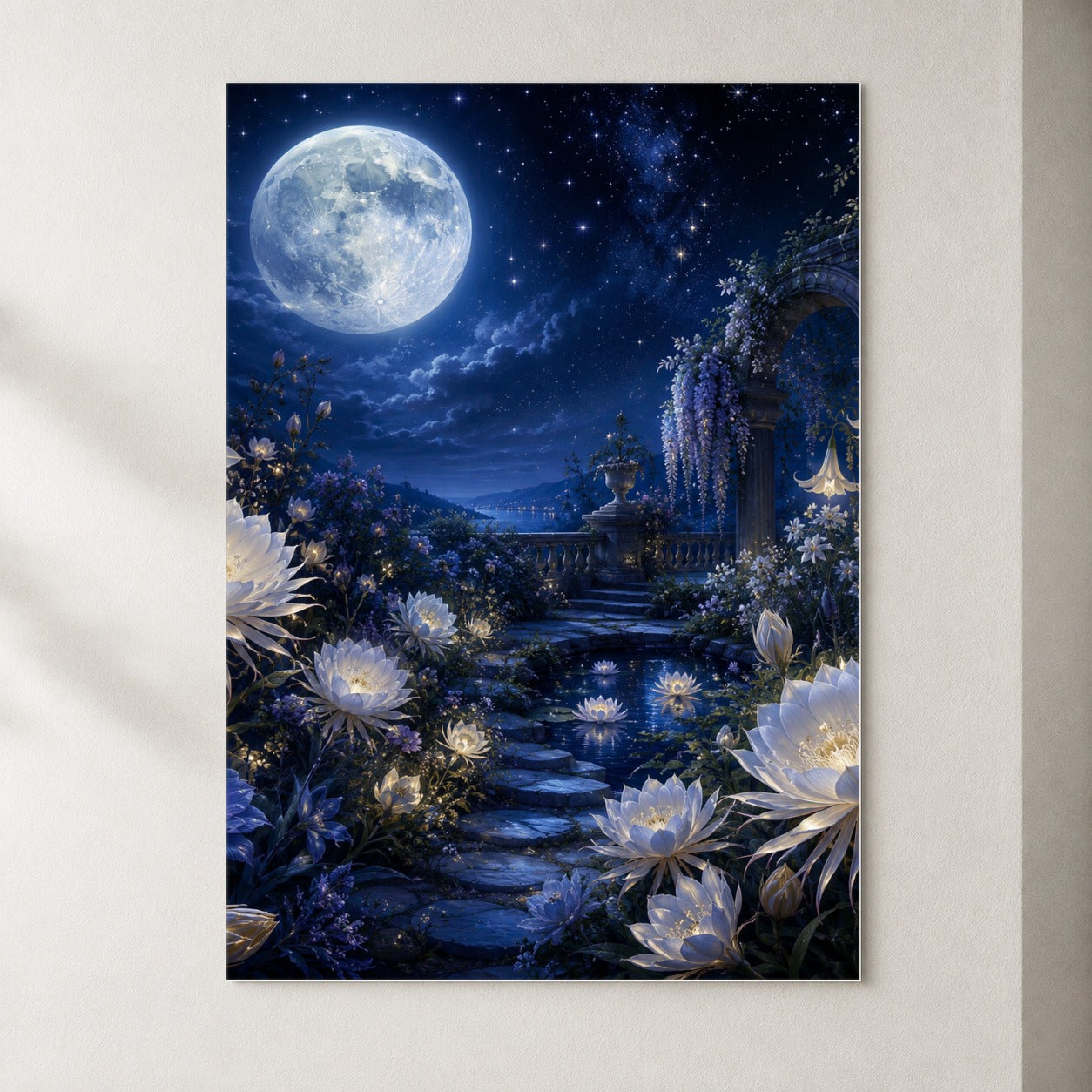 Moonlit Garden Poster, Floral Celestial Wall Art Print