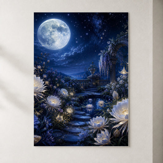 Moonlit Garden Poster, Floral Celestial Wall Art Print