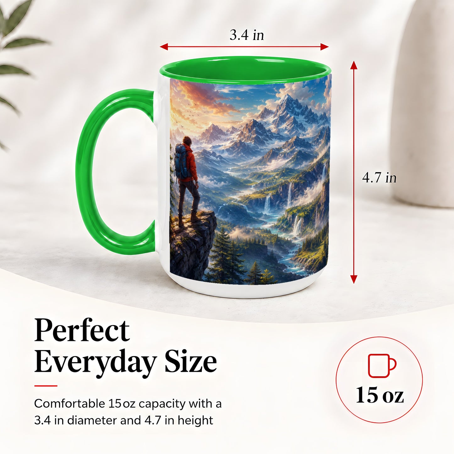#pl[15oz|Green] Mountain Hiker Ceramic Mug, Alpine Peaks Waterfall Adventure