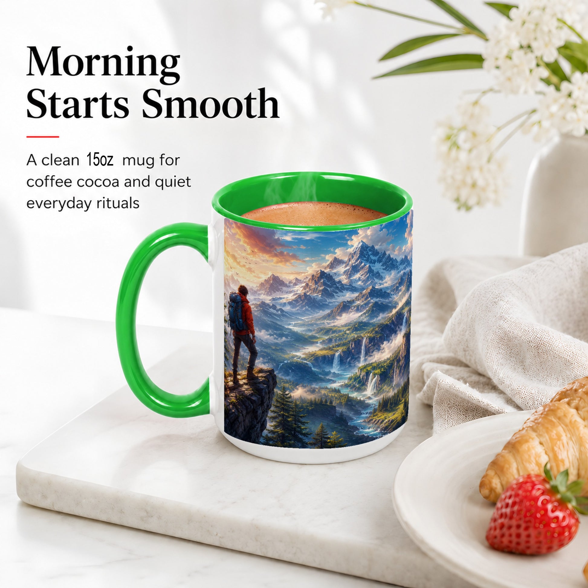 #pl[15oz|Green] Mountain Hiker Ceramic Mug, Alpine Peaks Waterfall Adventure