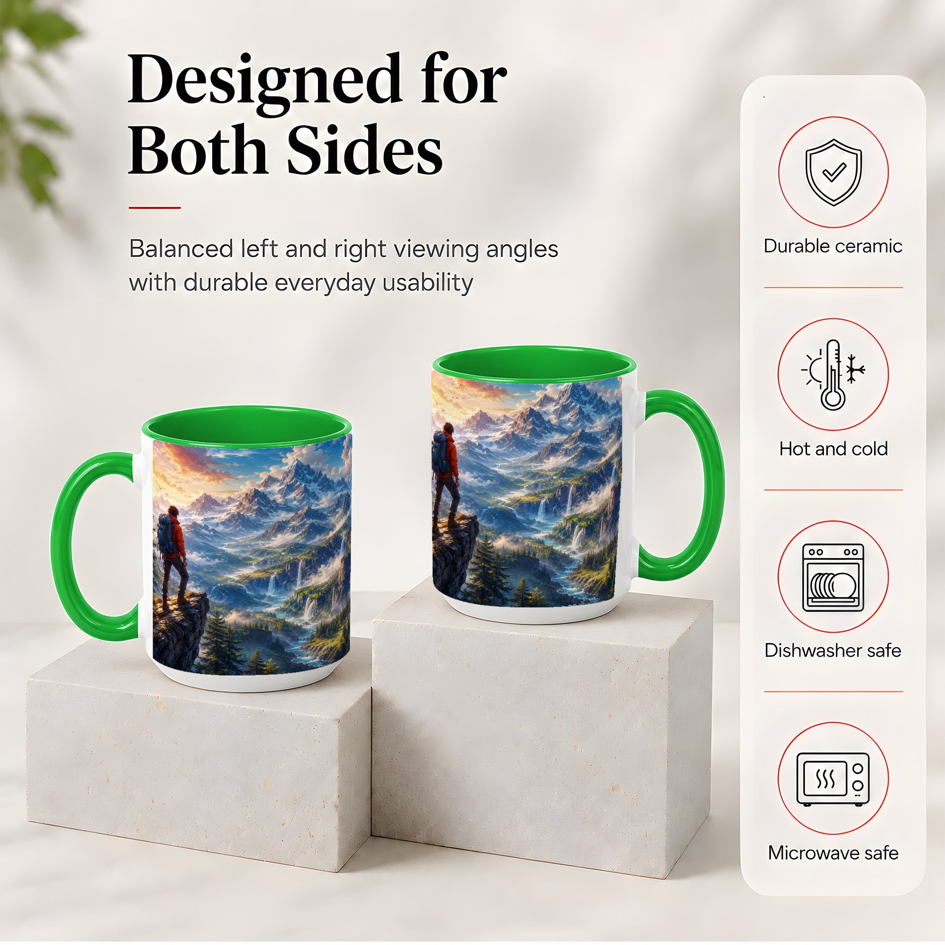 #pl[15oz|Green] Mountain Hiker Ceramic Mug, Alpine Peaks Waterfall Adventure