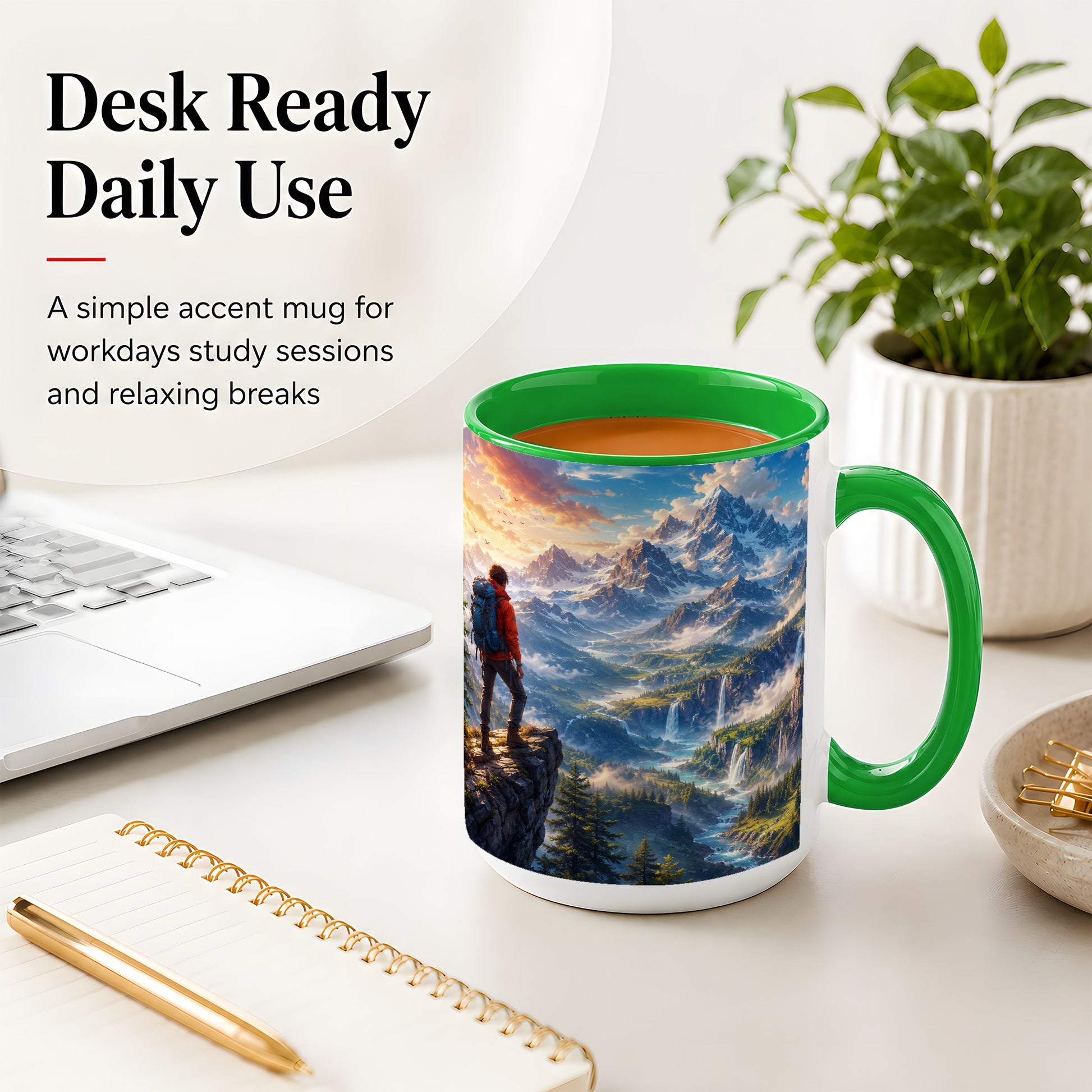 #pl[15oz|Green] Mountain Hiker Ceramic Mug, Alpine Peaks Waterfall Adventure