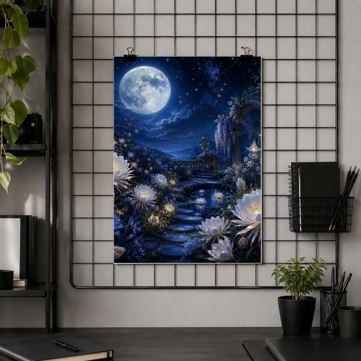 #pl[8x10 Inch|Multicolor] Moonlit Garden Poster, Floral Celestial Wall Art Print