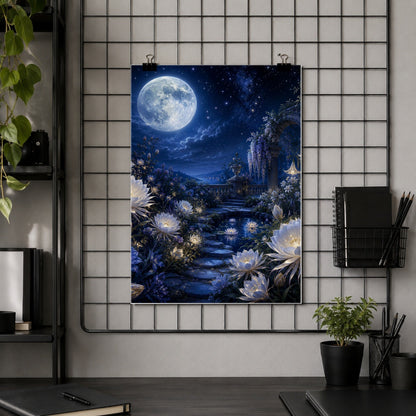 #pl[8x10 Inch|Multicolor] Moonlit Garden Poster, Floral Celestial Wall Art Print
