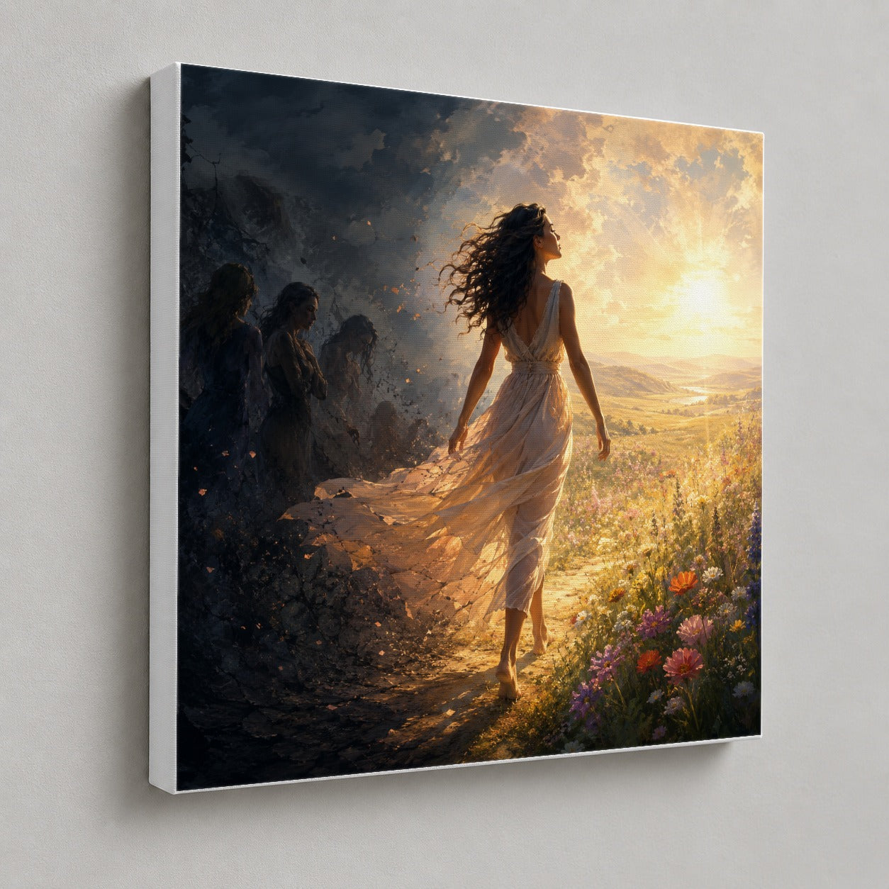 #pl[17x17 Inch|Multicolor] Into the Light Square Canvas Wall Art, Hopeful Sunrise Journey