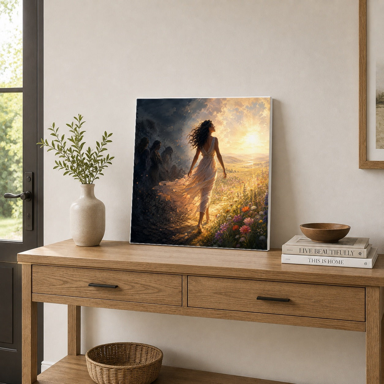 #pl[17x17 Inch|Multicolor] Into the Light Square Canvas Wall Art, Hopeful Sunrise Journey