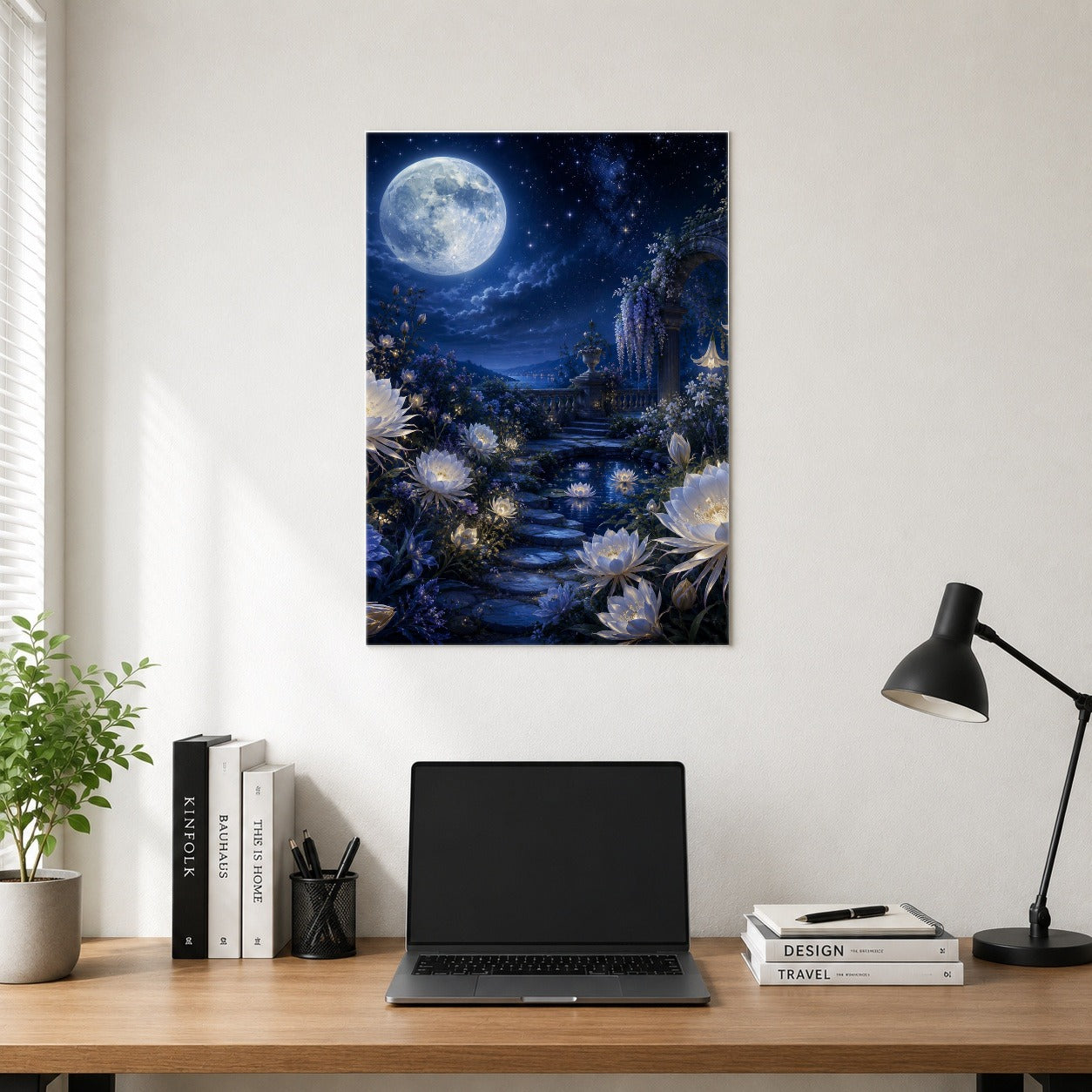 #pl[8x10 Inch|Multicolor] Moonlit Garden Poster, Floral Celestial Wall Art Print