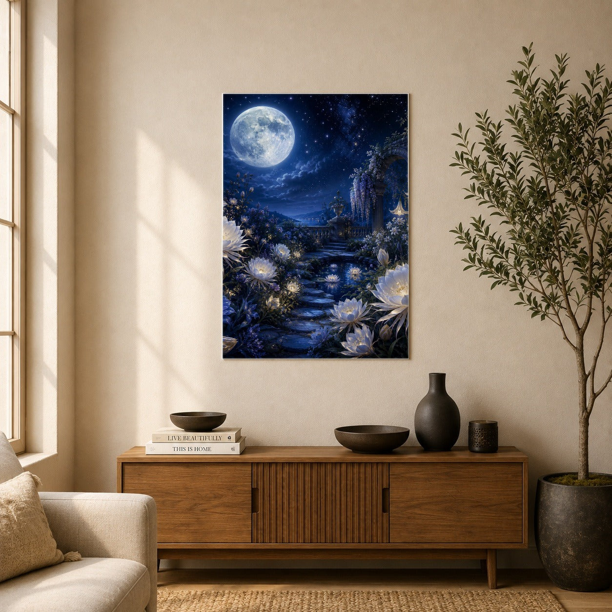 #pl[8x10 Inch|Multicolor] Moonlit Garden Poster, Floral Celestial Wall Art Print