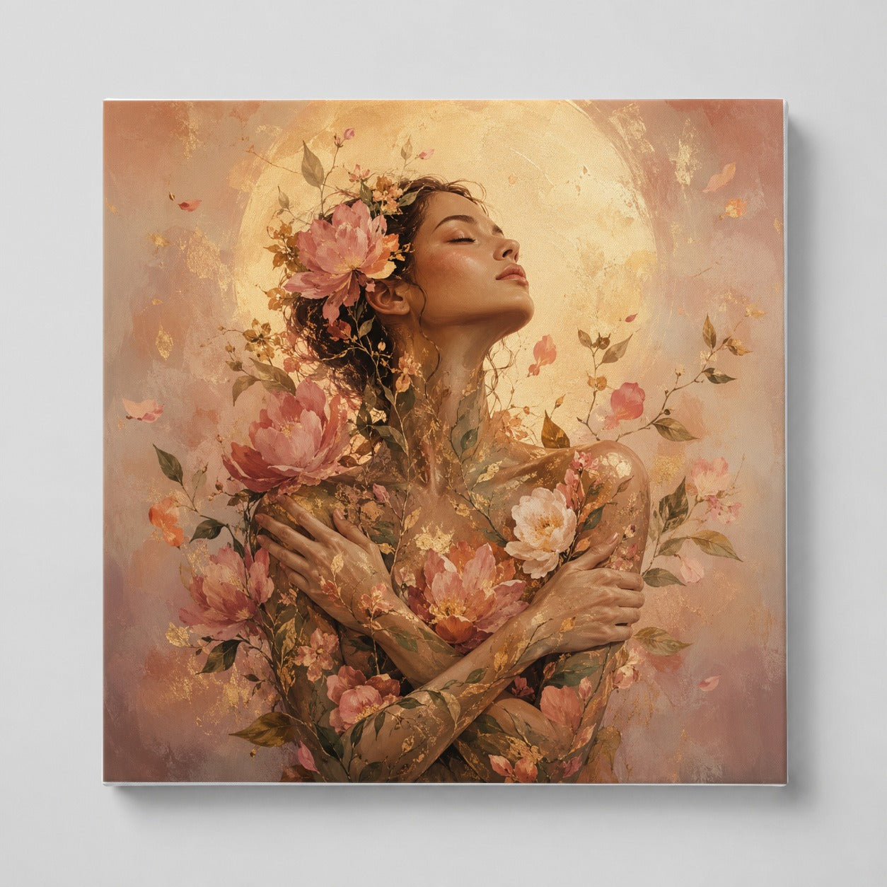 Floral Woman Square Canvas Wall Art, Self Embrace Botanical Art