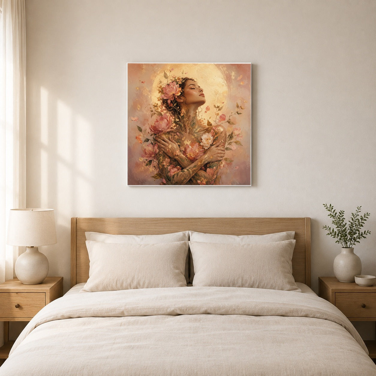 #pl[17x17 Inch|Multicolor] Floral Woman Square Canvas Wall Art, Self Embrace Botanical Art
