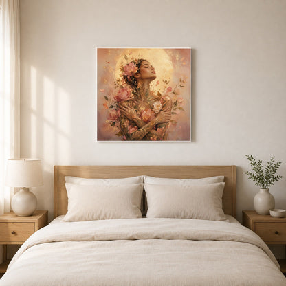 #pl[17x17 Inch|Multicolor] Floral Woman Square Canvas Wall Art, Self Embrace Botanical Art