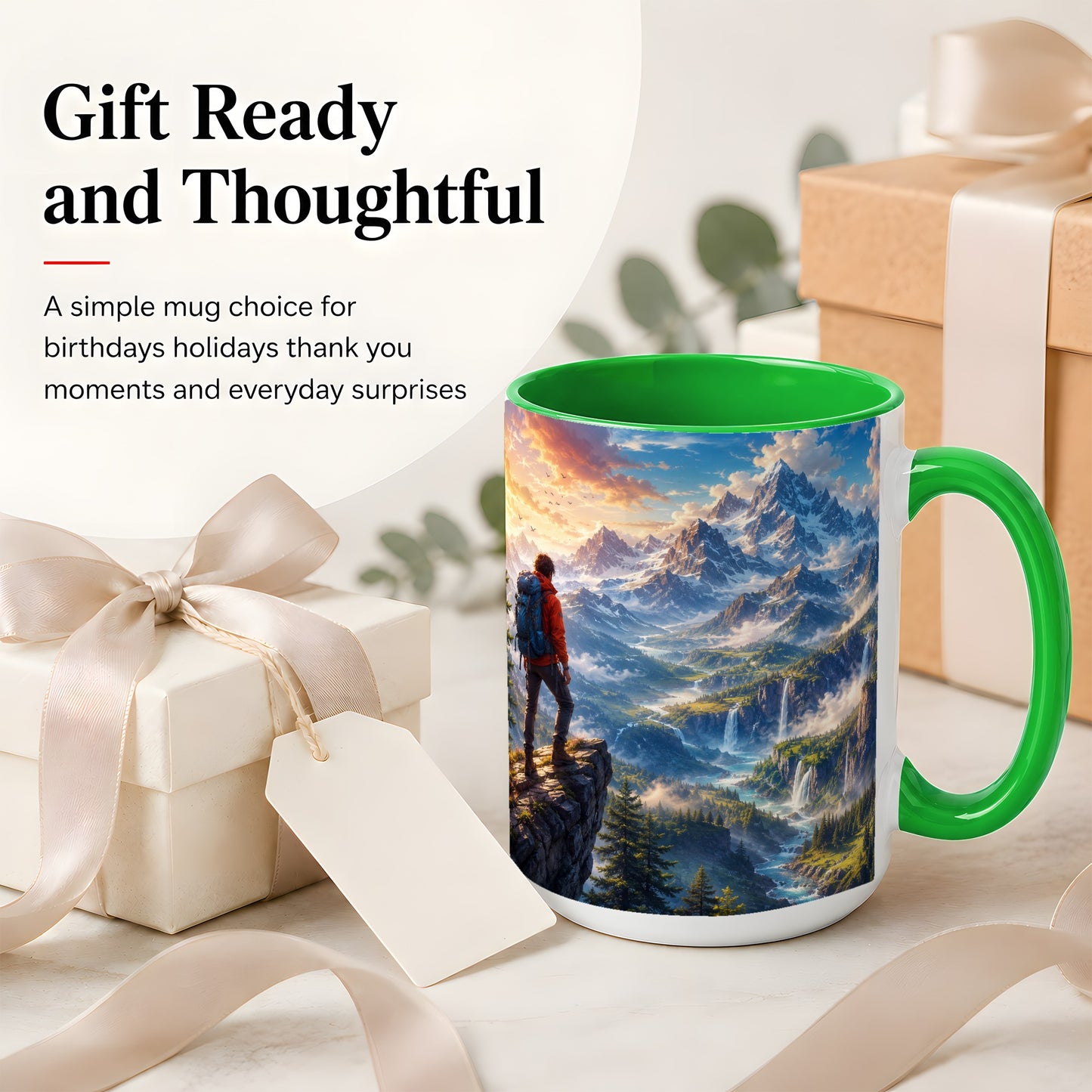 #pl[15oz|Green] Mountain Hiker Ceramic Mug, Alpine Peaks Waterfall Adventure