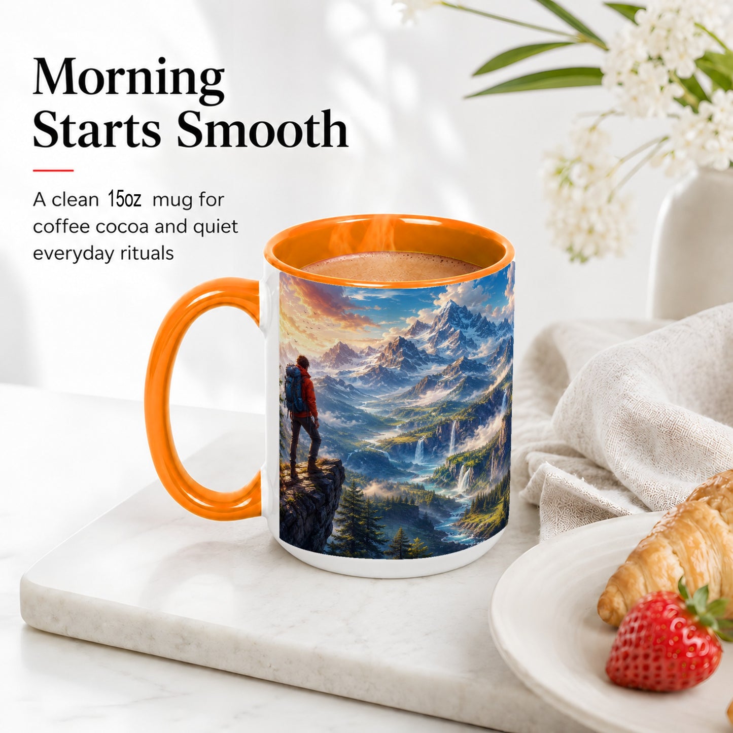 #pl[15oz|Orange] Mountain Hiker Ceramic Mug, Alpine Peaks Waterfall Adventure