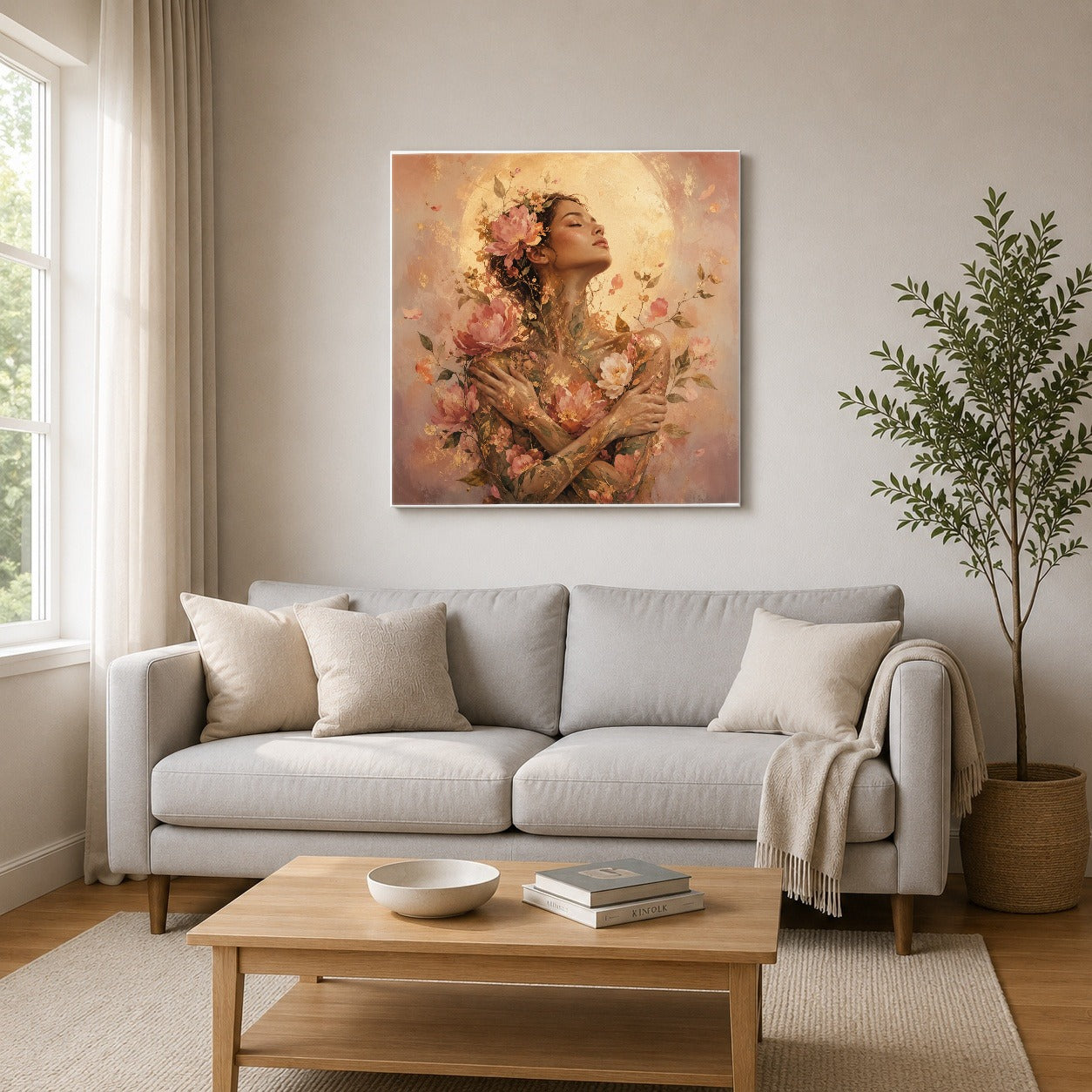 #pl[17x17 Inch|Multicolor] Floral Woman Square Canvas Wall Art, Self Embrace Botanical Art