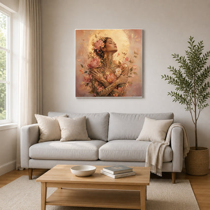 #pl[17x17 Inch|Multicolor] Floral Woman Square Canvas Wall Art, Self Embrace Botanical Art