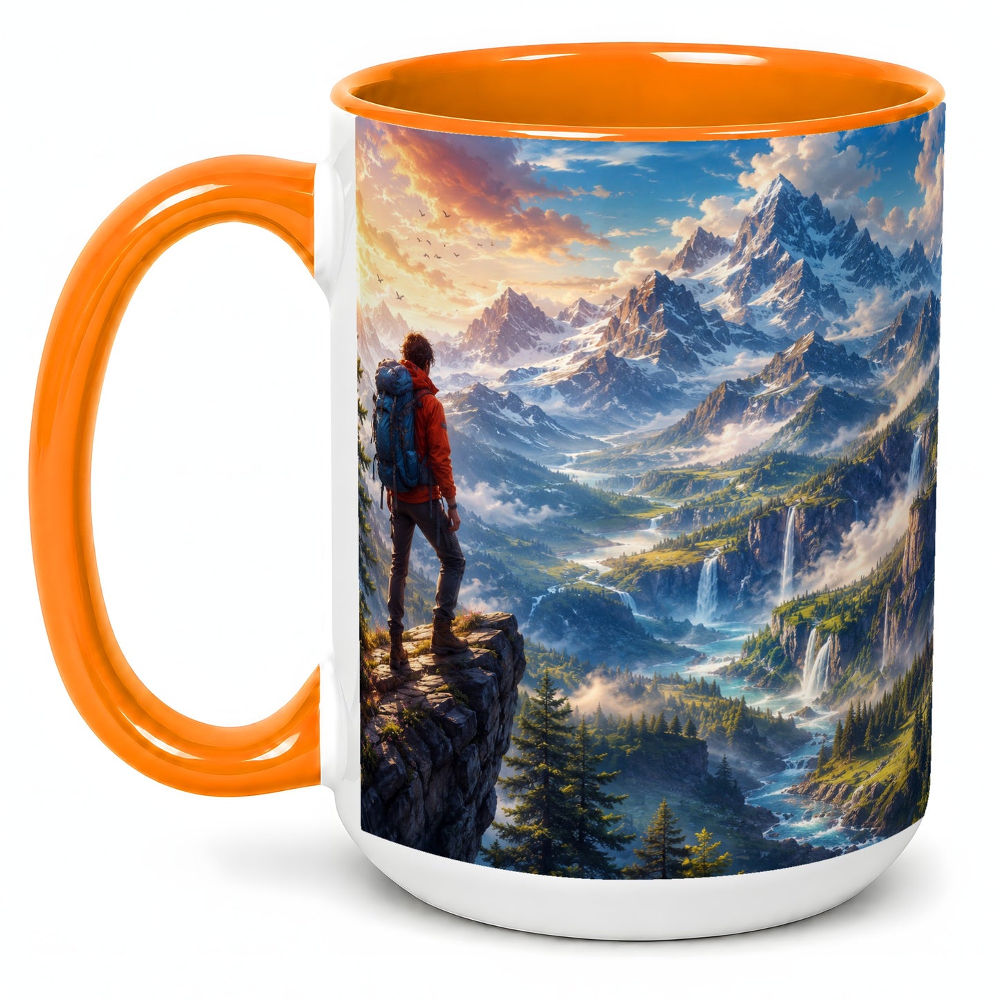 #pl[15oz|Orange] Mountain Hiker Ceramic Mug, Alpine Peaks Waterfall Adventure