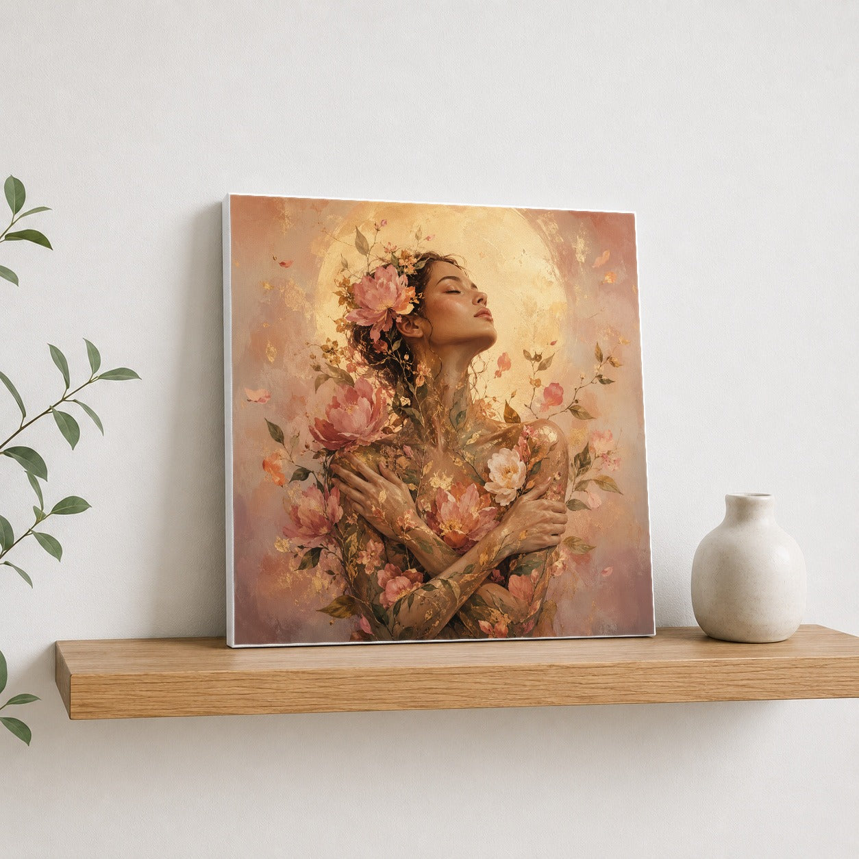 #pl[17x17 Inch|Multicolor] Floral Woman Square Canvas Wall Art, Self Embrace Botanical Art