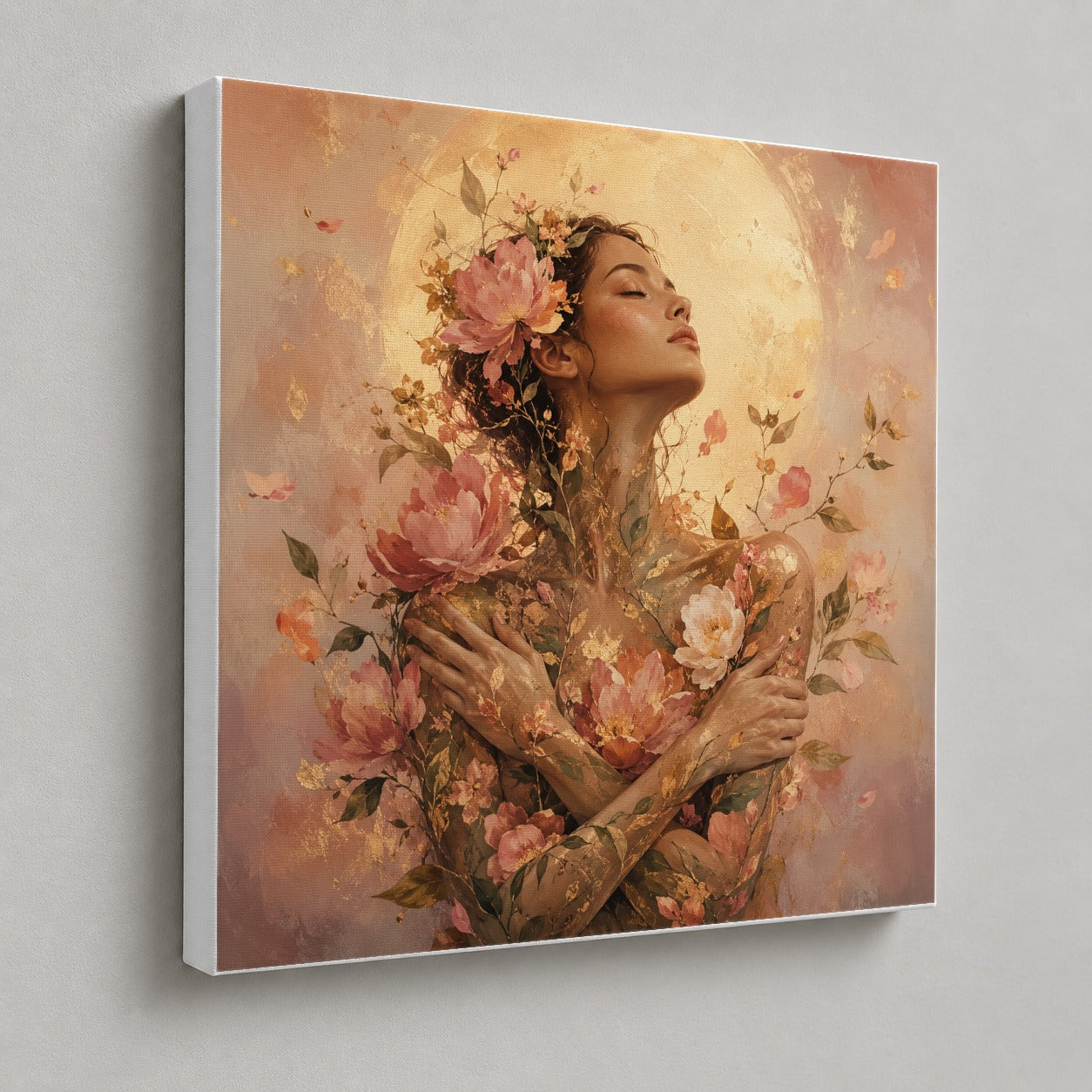 #pl[17x17 Inch|Multicolor] Floral Woman Square Canvas Wall Art, Self Embrace Botanical Art