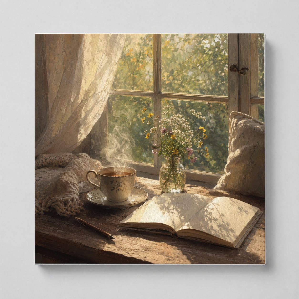 Cozy Reading Nook Square Canvas Wall Art, Book and Tea Scene