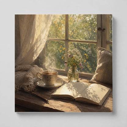 Cozy Reading Nook Square Canvas Wall Art, Book and Tea Scene