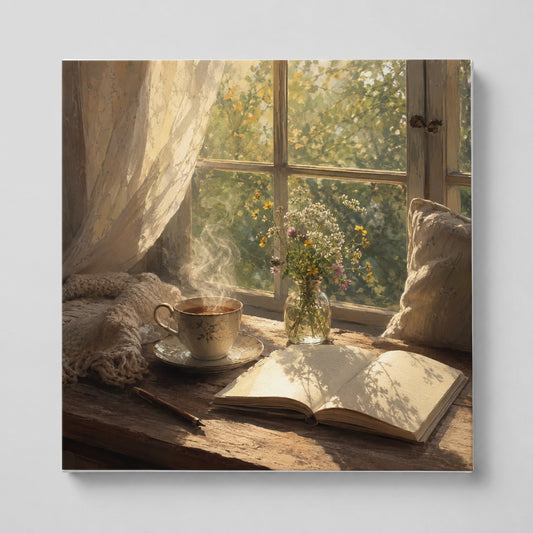 Cozy Reading Nook Square Canvas Wall Art, Book and Tea Scene