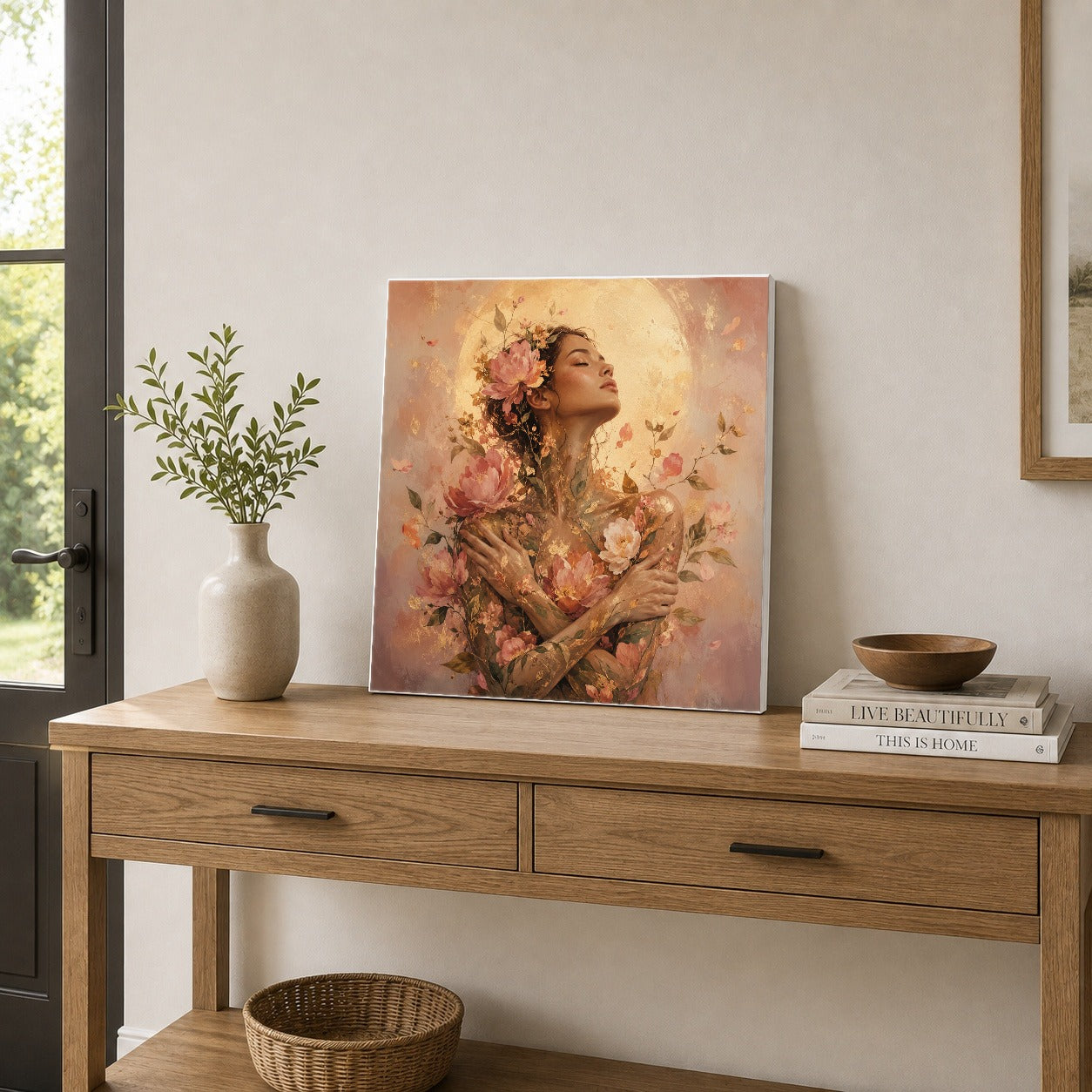 #pl[17x17 Inch|Multicolor] Floral Woman Square Canvas Wall Art, Self Embrace Botanical Art