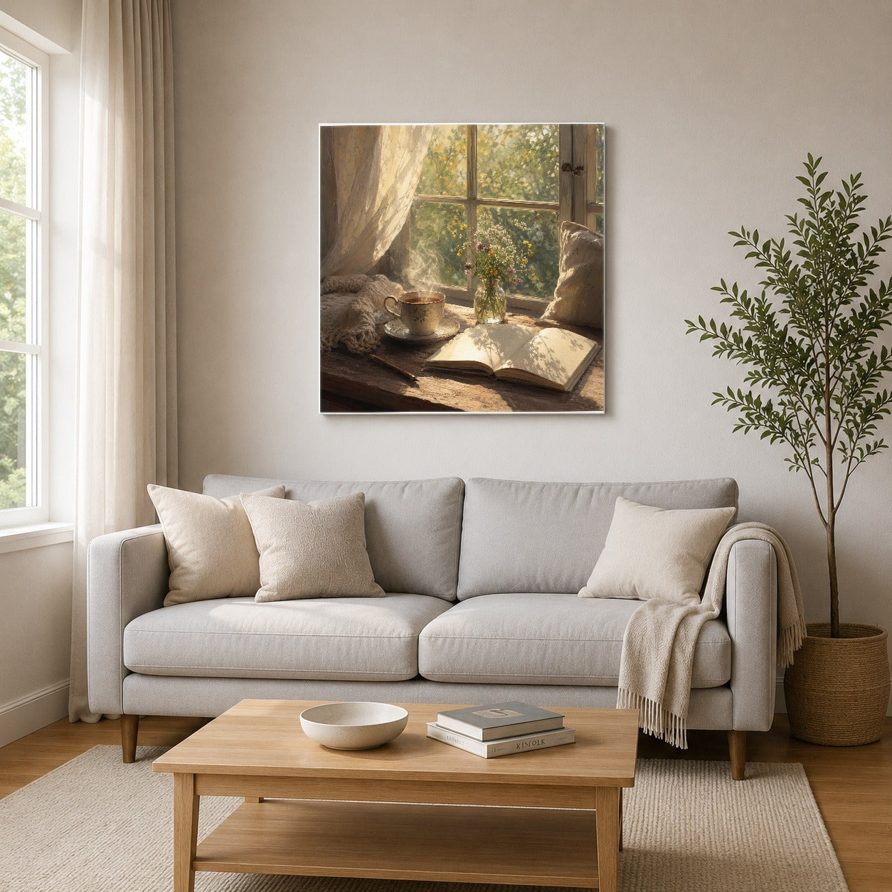 #pl[17x17 Inch|Multicolor] Cozy Reading Nook Square Canvas Wall Art, Book and Tea Scene