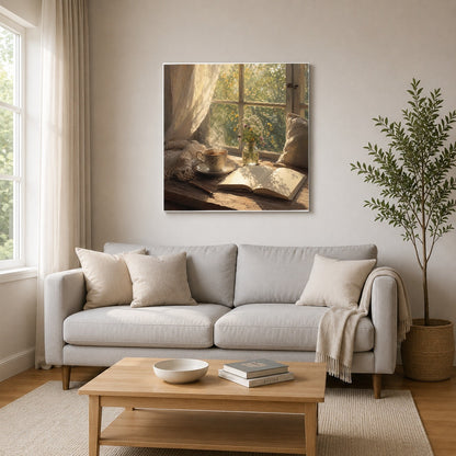 #pl[17x17 Inch|Multicolor] Cozy Reading Nook Square Canvas Wall Art, Book and Tea Scene