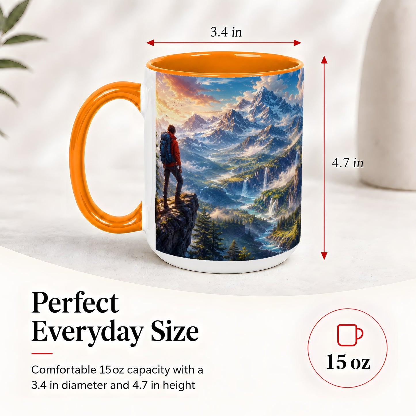 #pl[15oz|Orange] Mountain Hiker Ceramic Mug, Alpine Peaks Waterfall Adventure