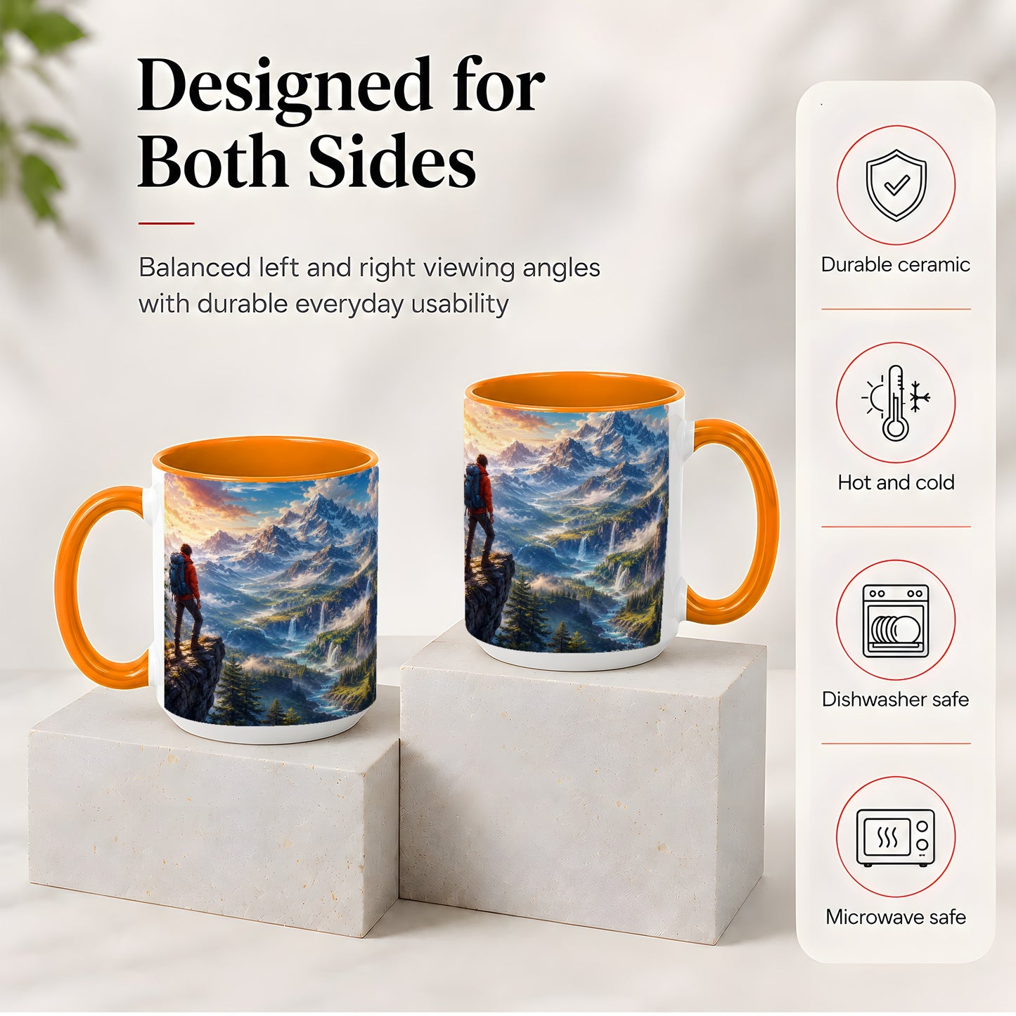 #pl[15oz|Orange] Mountain Hiker Ceramic Mug, Alpine Peaks Waterfall Adventure