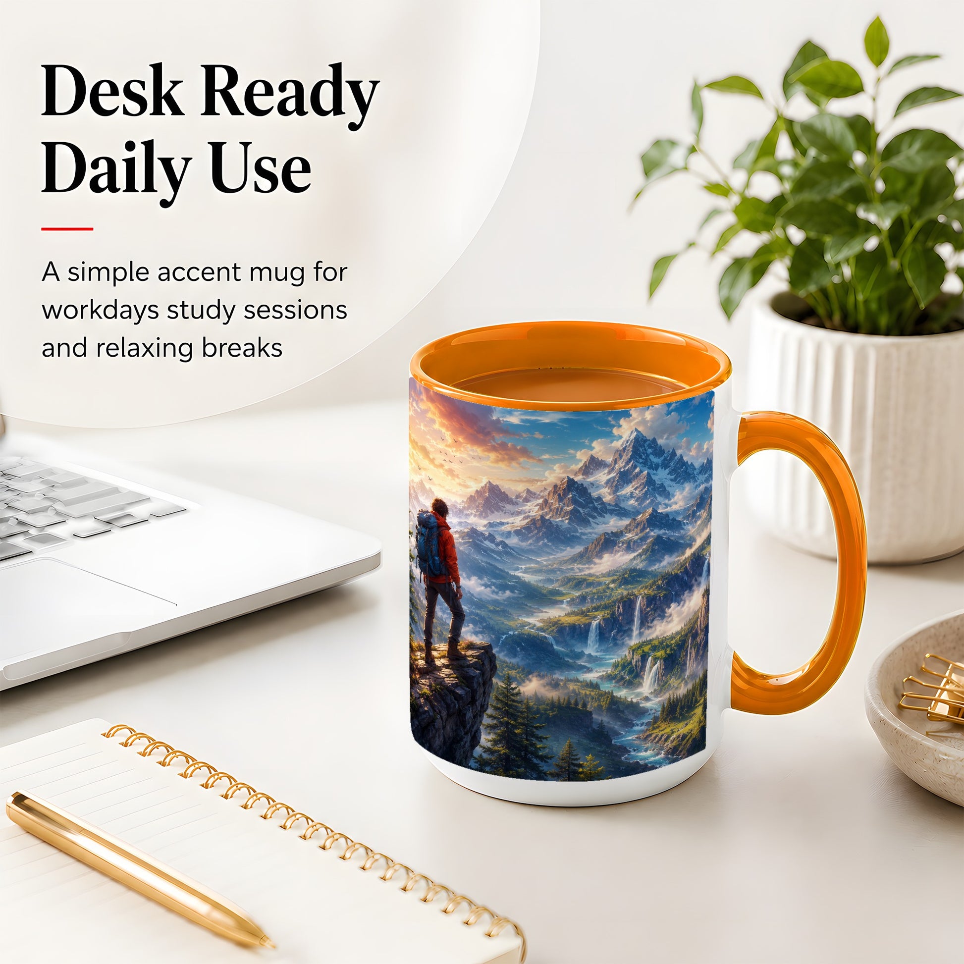 #pl[15oz|Orange] Mountain Hiker Ceramic Mug, Alpine Peaks Waterfall Adventure