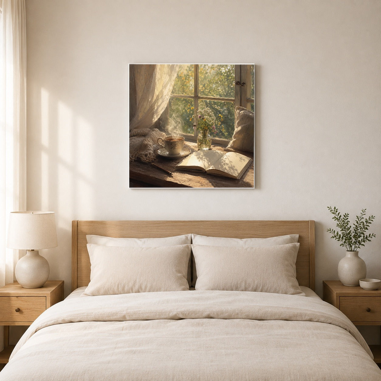 #pl[17x17 Inch|Multicolor] Cozy Reading Nook Square Canvas Wall Art, Book and Tea Scene