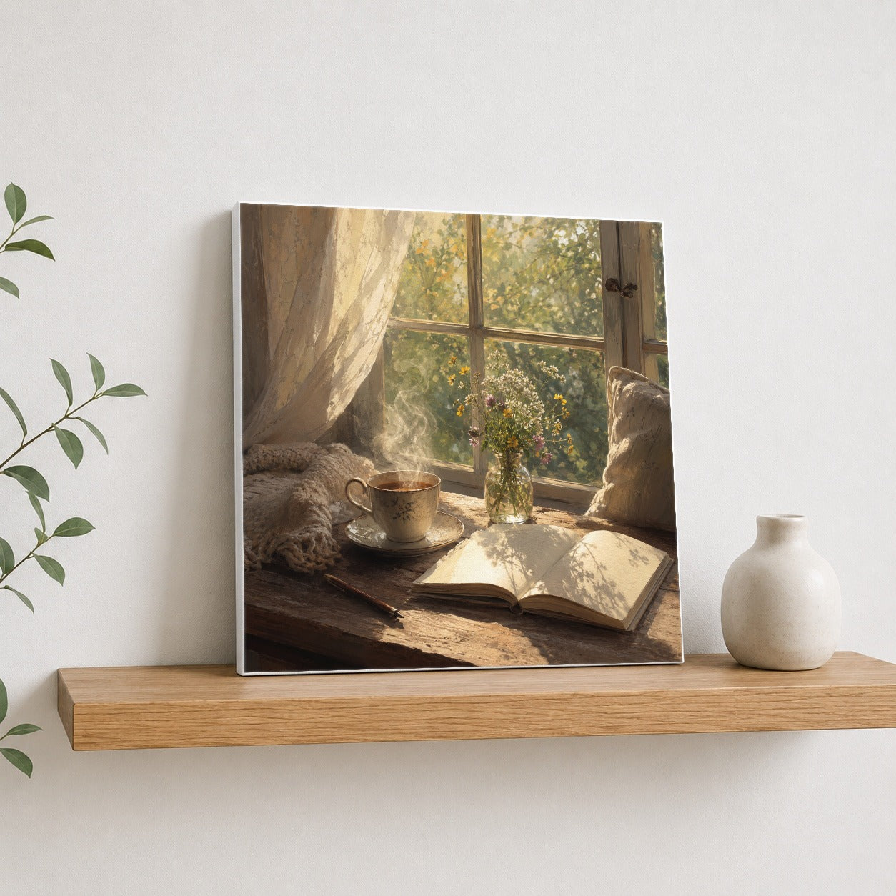 #pl[17x17 Inch|Multicolor] Cozy Reading Nook Square Canvas Wall Art, Book and Tea Scene