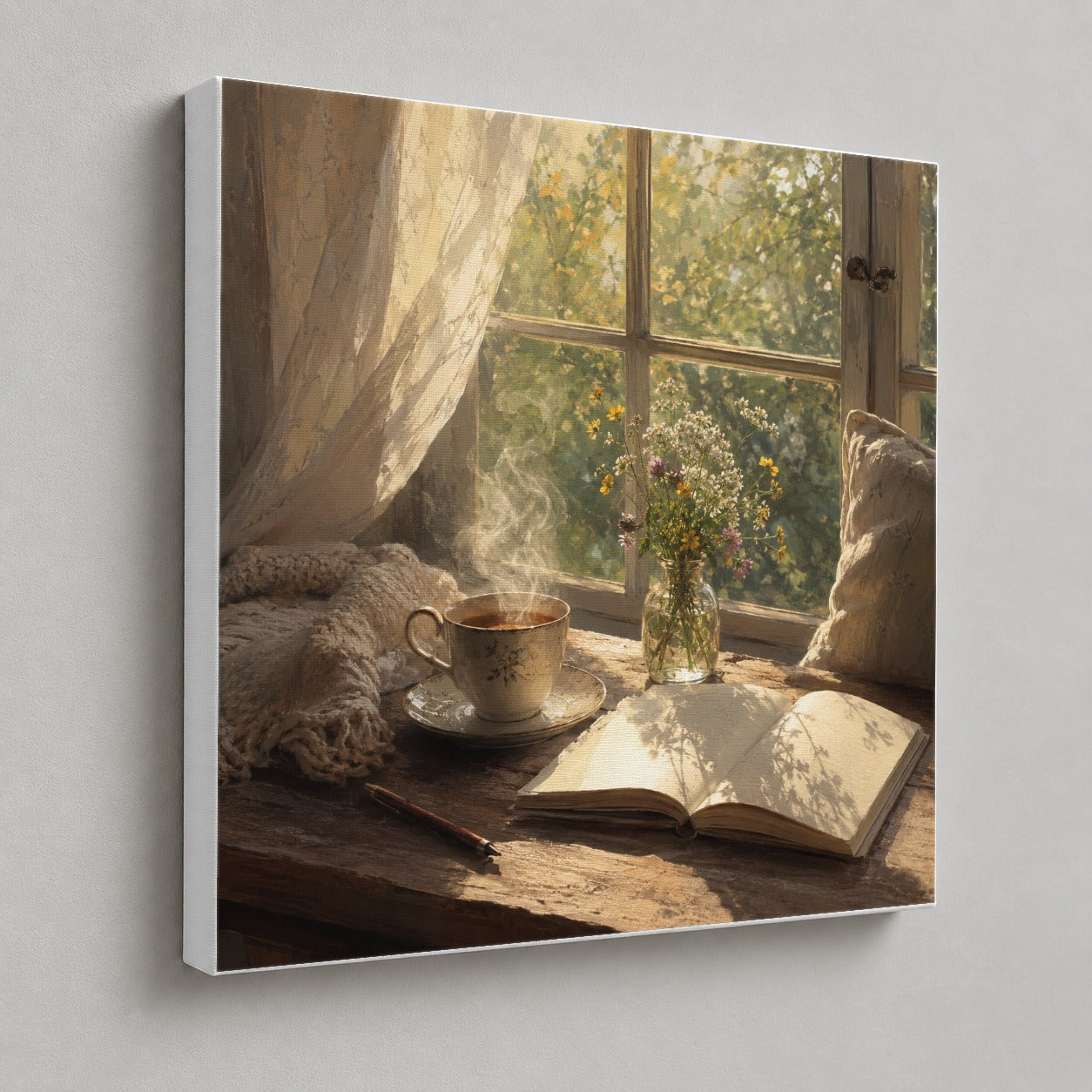 #pl[17x17 Inch|Multicolor] Cozy Reading Nook Square Canvas Wall Art, Book and Tea Scene