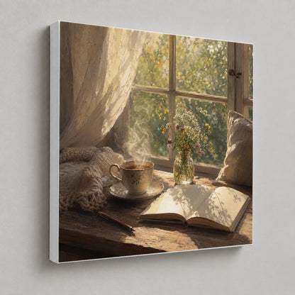 #pl[17x17 Inch|Multicolor] Cozy Reading Nook Square Canvas Wall Art, Book and Tea Scene