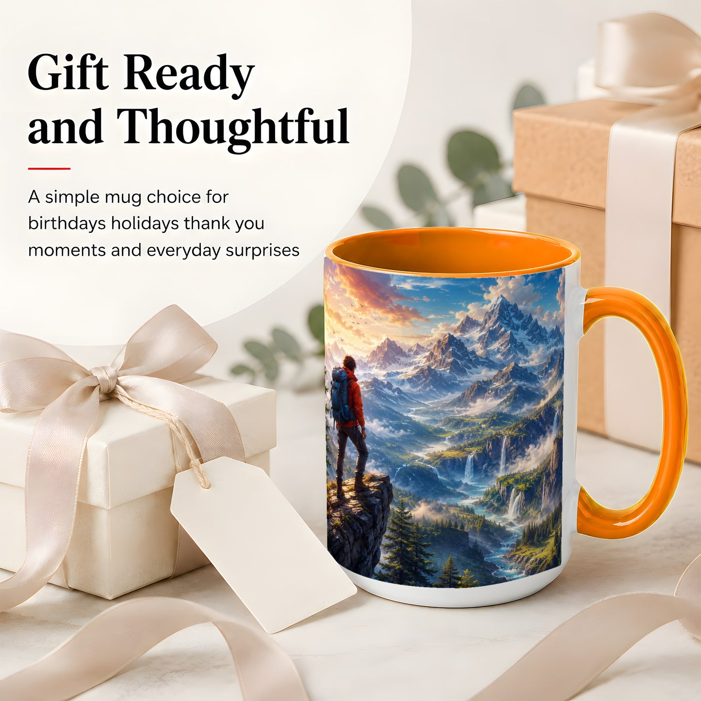 #pl[15oz|Orange] Mountain Hiker Ceramic Mug, Alpine Peaks Waterfall Adventure