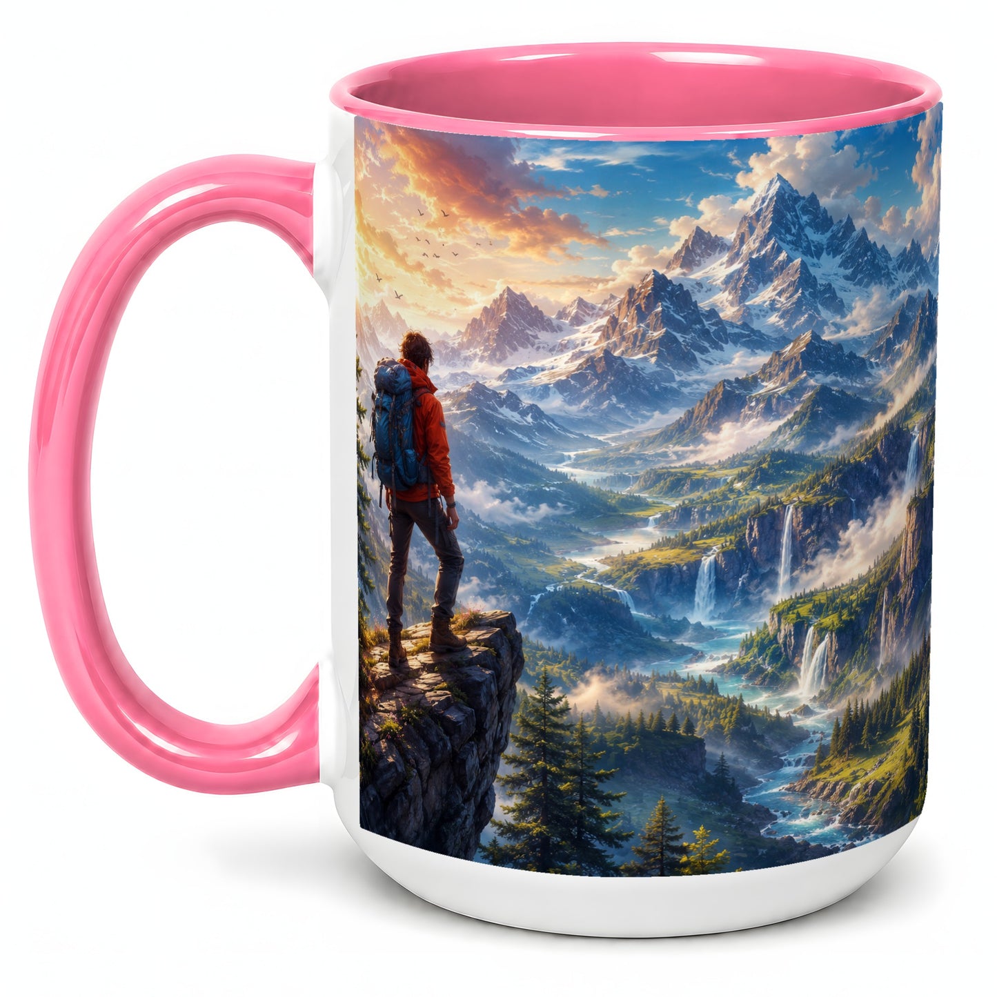#pl[15oz|Pink] Mountain Hiker Ceramic Mug, Alpine Peaks Waterfall Adventure