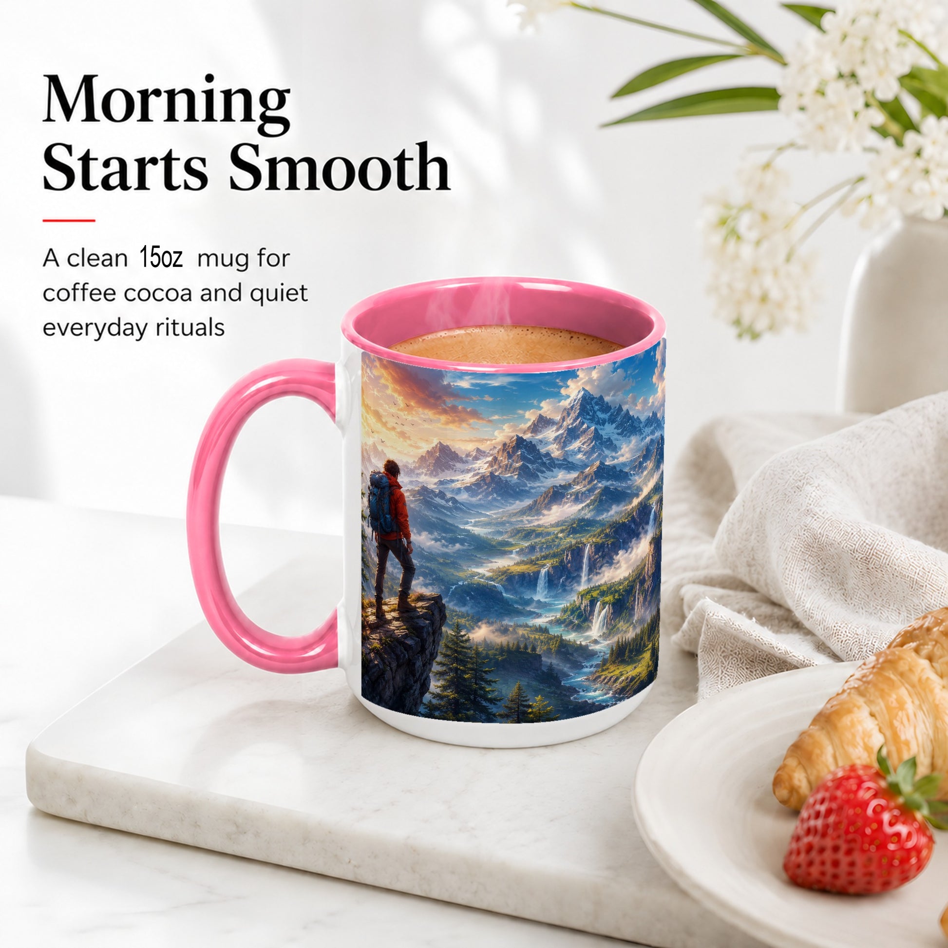 #pl[15oz|Pink] Mountain Hiker Ceramic Mug, Alpine Peaks Waterfall Adventure