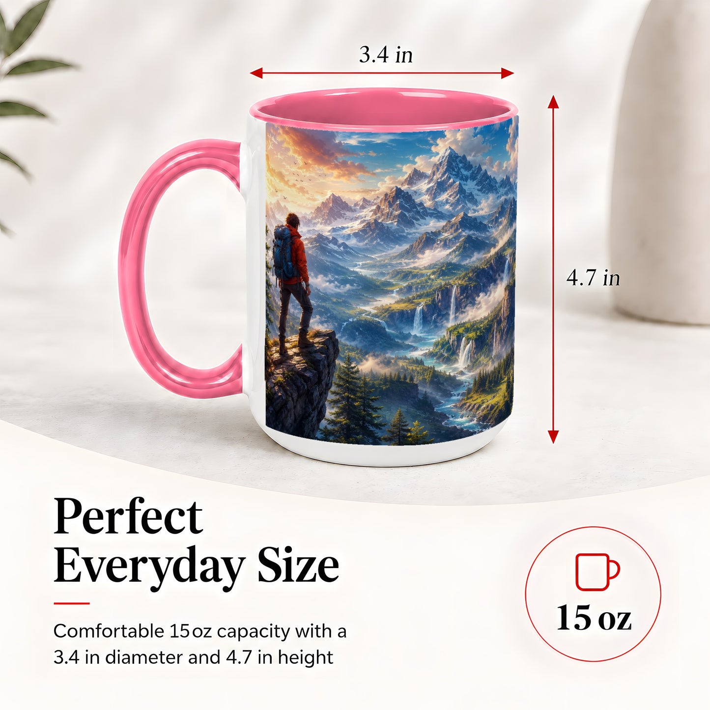 #pl[15oz|Pink] Mountain Hiker Ceramic Mug, Alpine Peaks Waterfall Adventure