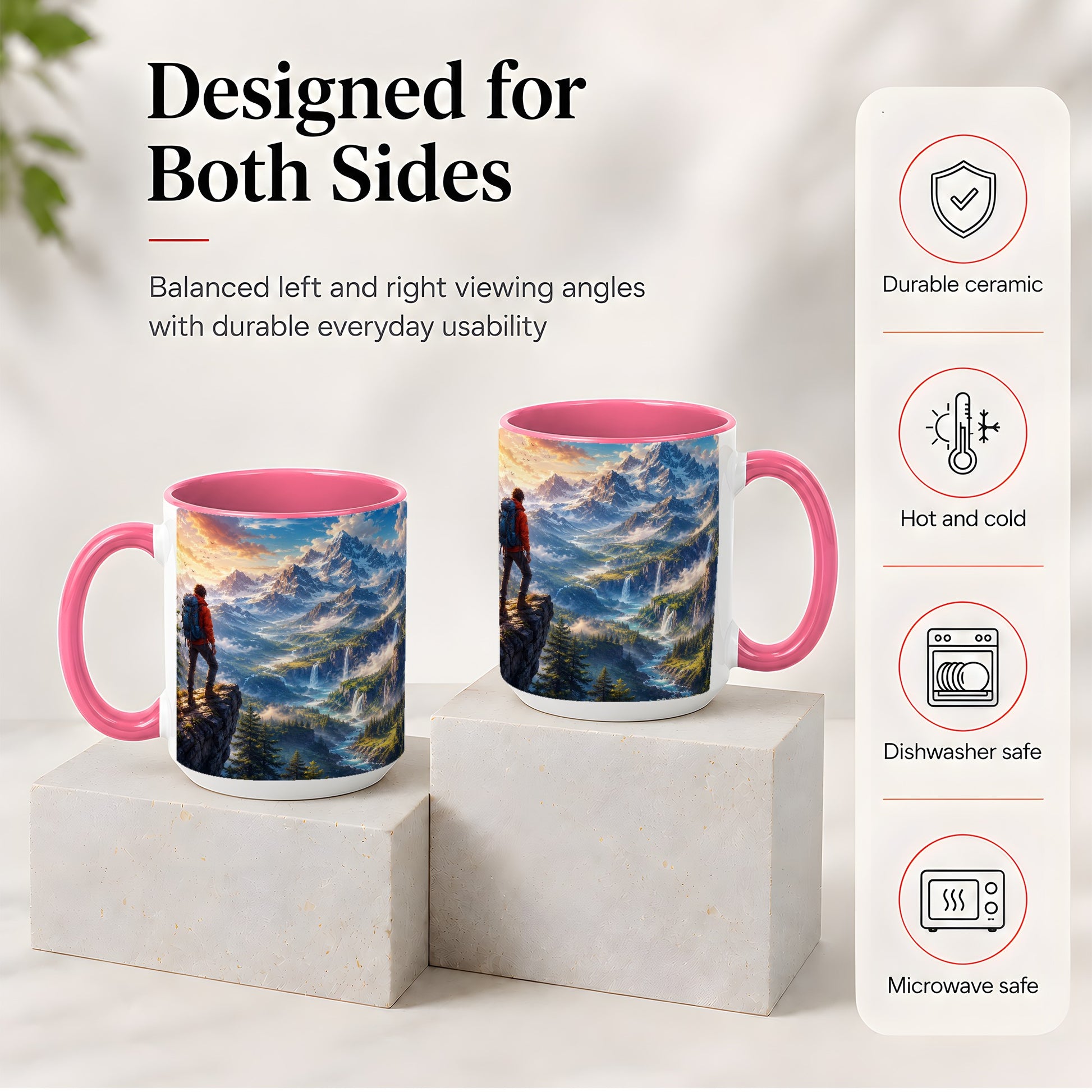 #pl[15oz|Pink] Mountain Hiker Ceramic Mug, Alpine Peaks Waterfall Adventure
