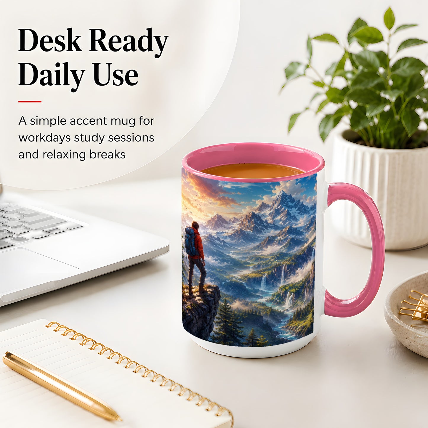 #pl[15oz|Pink] Mountain Hiker Ceramic Mug, Alpine Peaks Waterfall Adventure