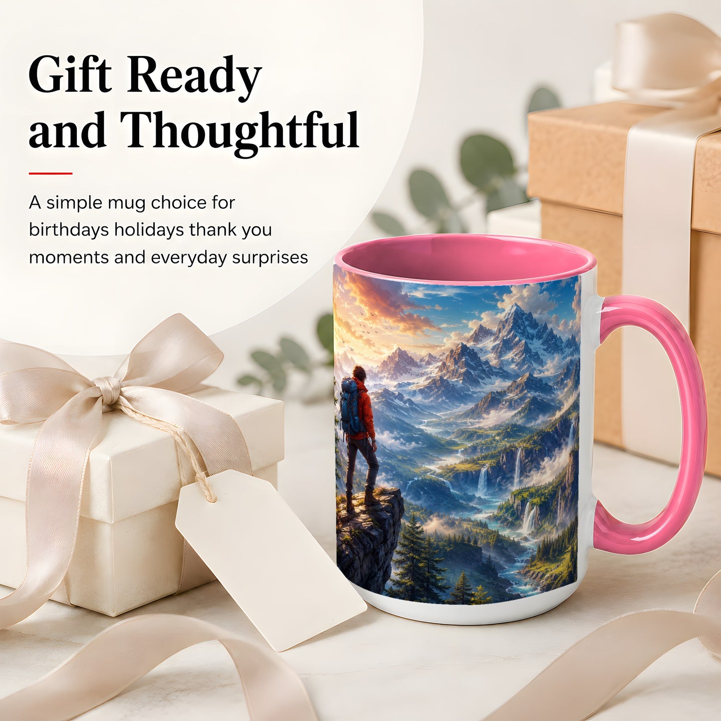 #pl[15oz|Pink] Mountain Hiker Ceramic Mug, Alpine Peaks Waterfall Adventure