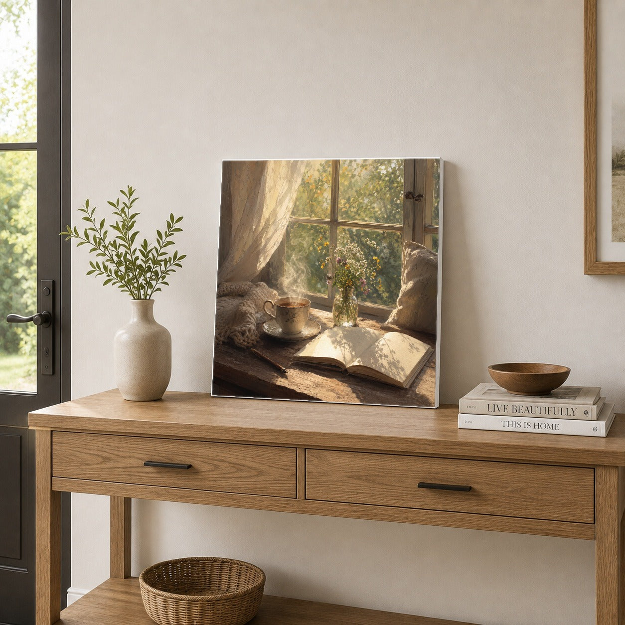 #pl[17x17 Inch|Multicolor] Cozy Reading Nook Square Canvas Wall Art, Book and Tea Scene