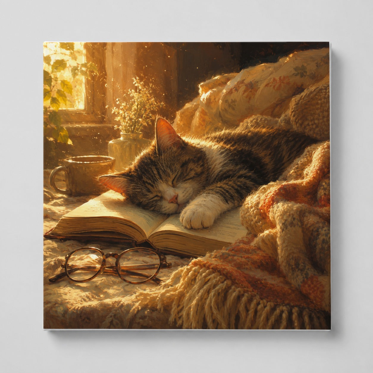 Sleeping Cat Book Square Canvas Wall Art, Cozy Reading Scene